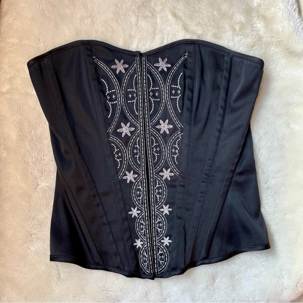 Y2K Black Satin Silver Embellished Lace Back Corset Top